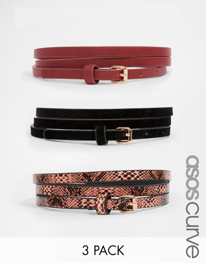 Asos Curve 3 Pack Super Skinny Faux Suede Pu And Faux Snake Belts - Multi
