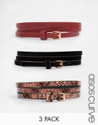 Asos Curve 3 Pack Super Skinny Faux Suede Pu And Faux Snake Belts - Multi