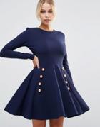 Club L Miltary Detailed Crepe Skater Dress With Buttons - Navy