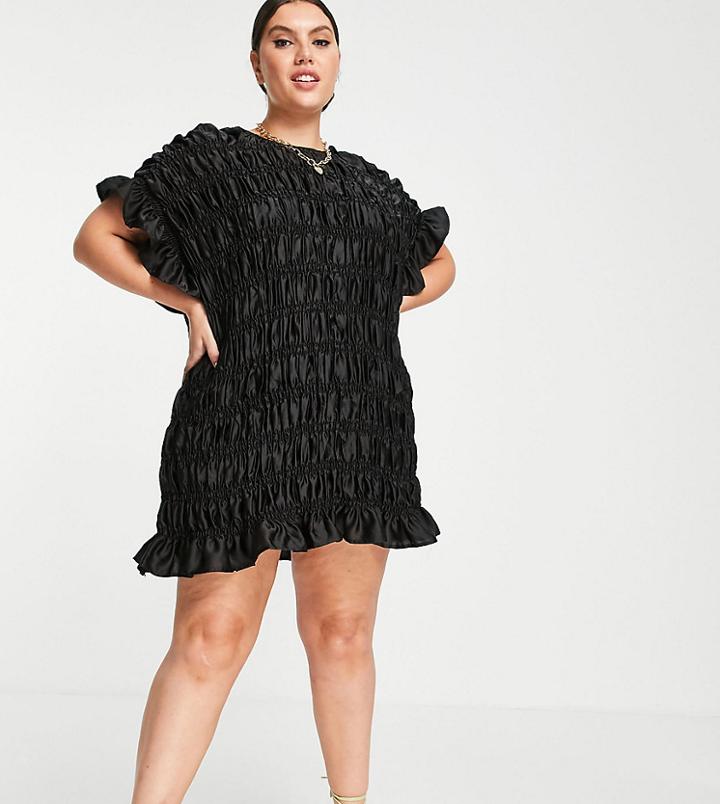 Lola May Plus Satin Ruched Mini Dress In Black