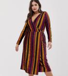 Asos Design Curve Rainbow Stripe Velvet Midi Wrap Dress - Multi
