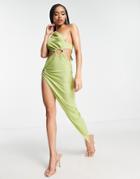 Simmi One Shoulder Ring Detail Asymmetric Thigh Slit Maxi Dress In Lime-green