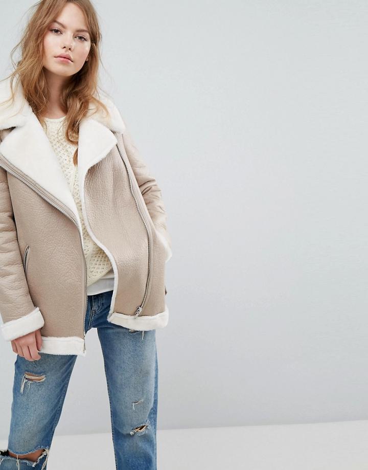 New Look Faux Shearling Suedette Aviator Jacket - Beige