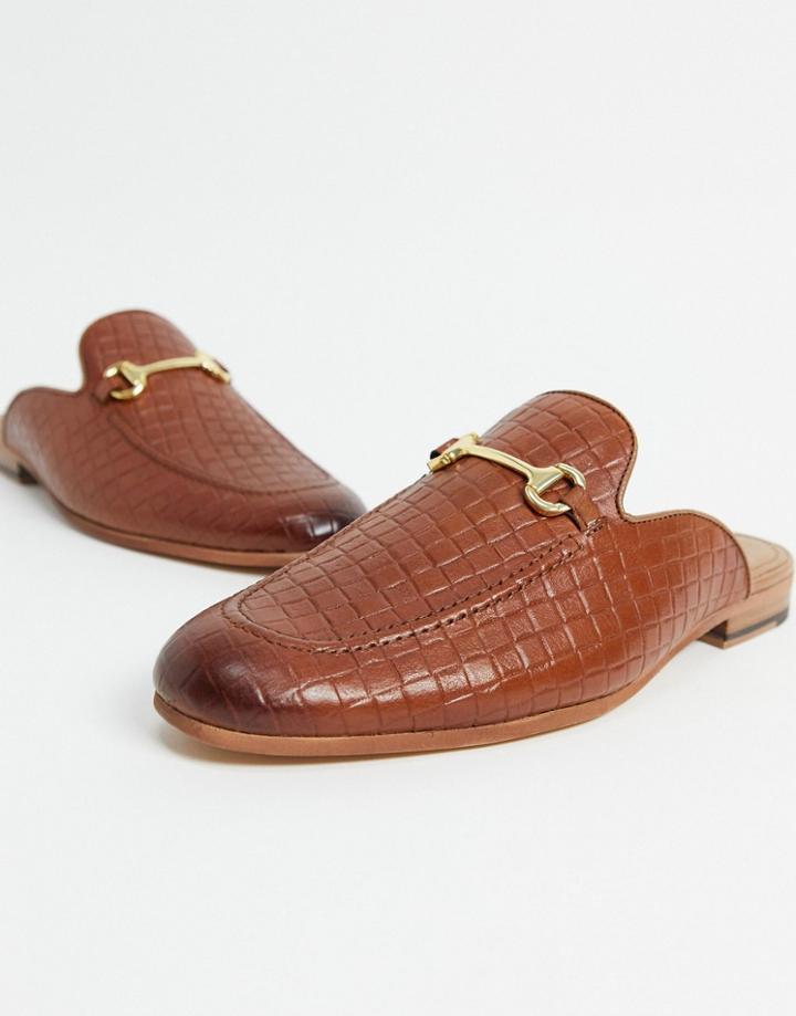 Walk London Terry Backless Mule Loafers In Tan Embossed Leather-brown