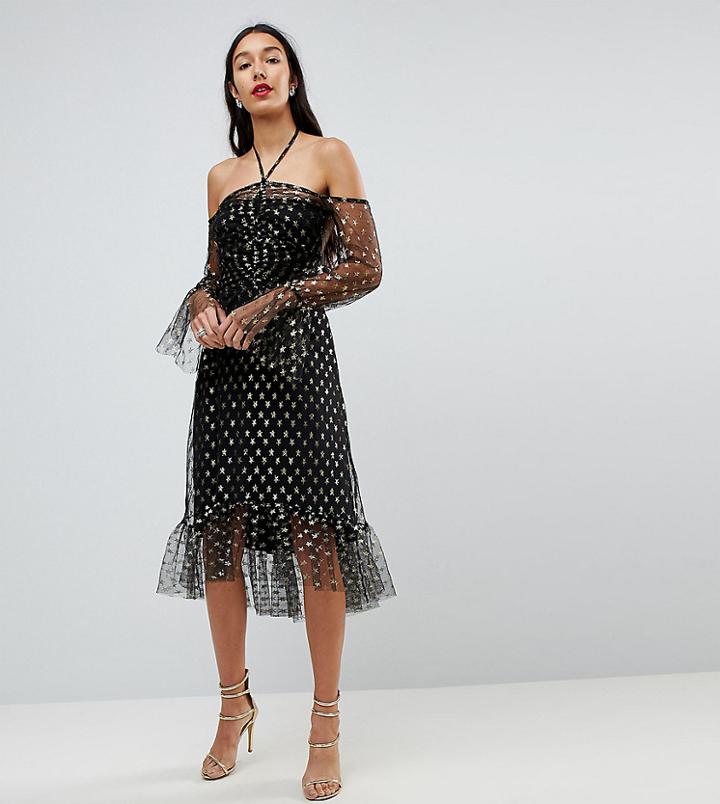 John Zack Tall Long Sleeve Cold Shoulder Metallic Star Print Midi Dress - Black