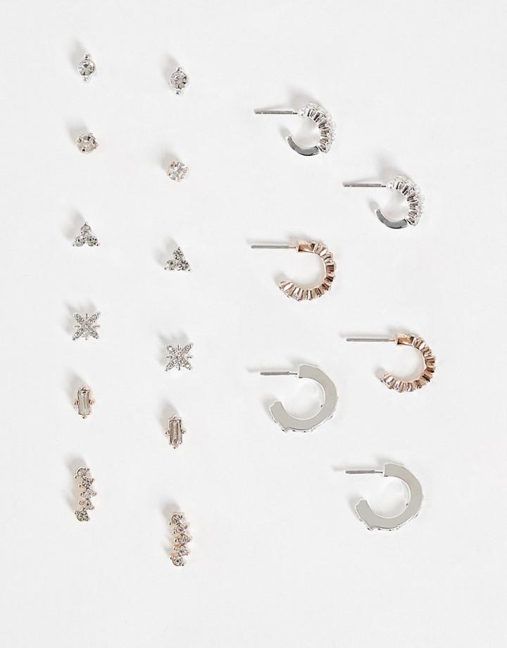 River Island Pack Of 9 Baguette Crystal Rose Gold And Silver Earrings-multi