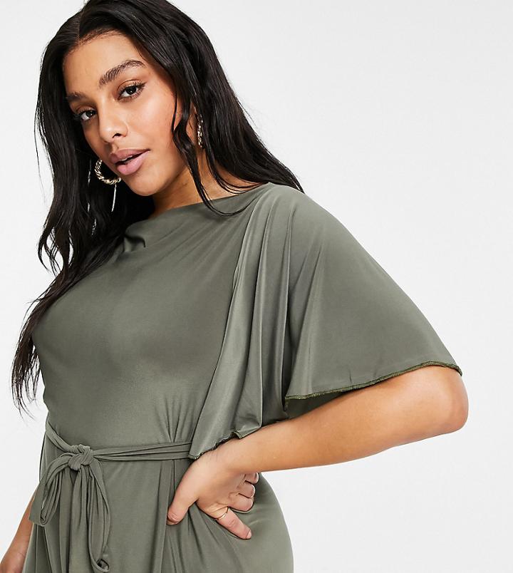 Yours Tie Waist Mini Dress In Khaki-green