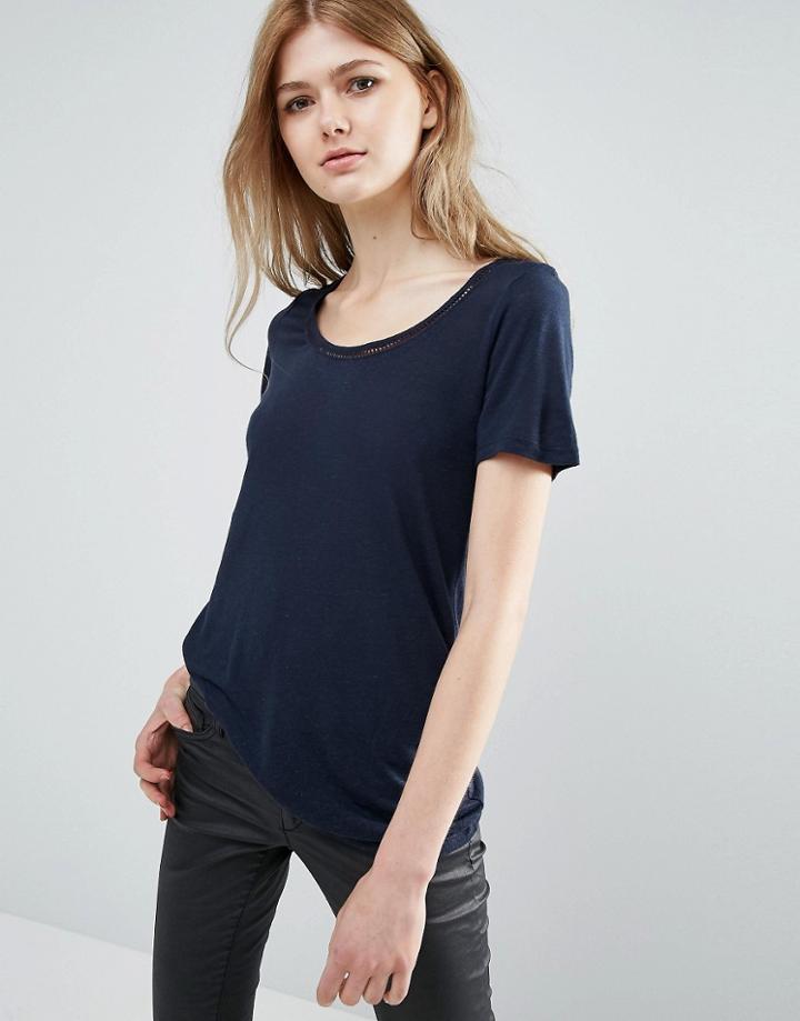 Vila Short Sleeve T-shirt With Embellished Neckline - Black