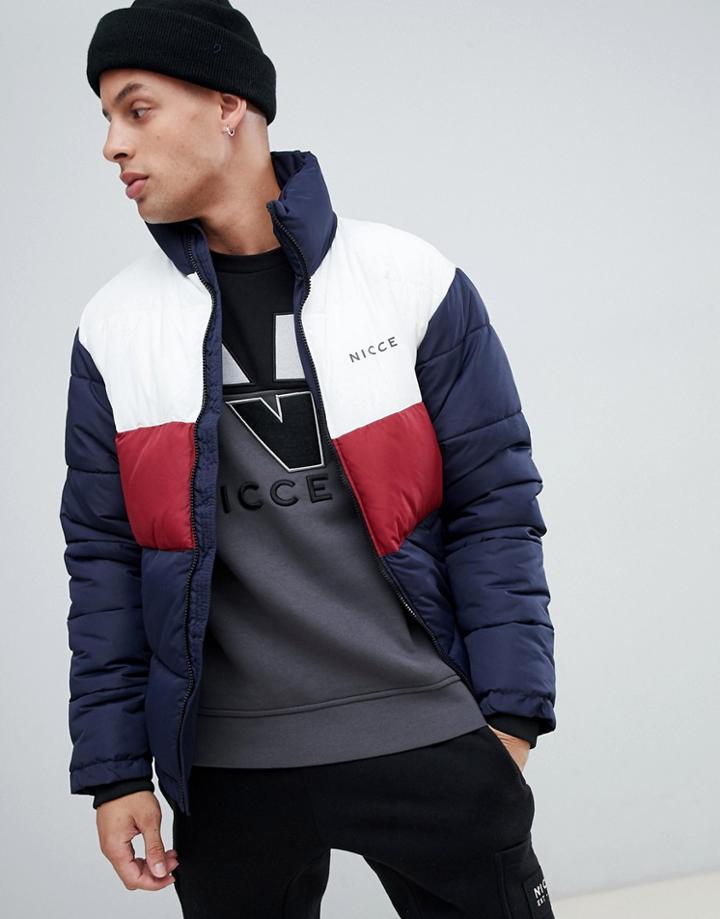 Nicce Puffer Jacket In Navy With Contrasting Panels - Navy