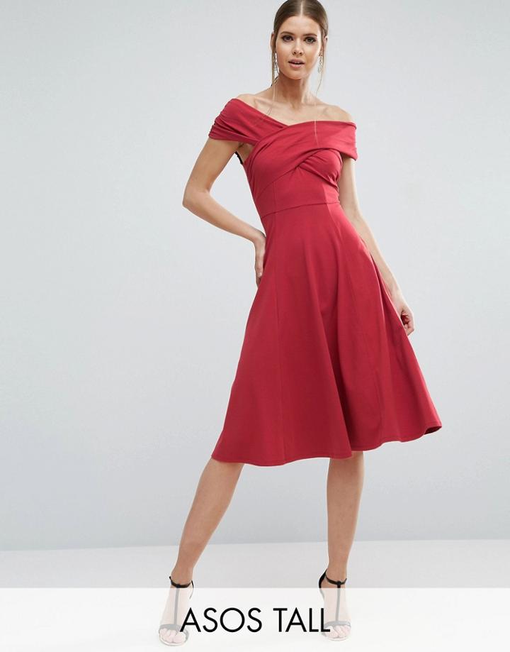 Asos Tall Midi Skater Dress With Bardot Neckline - Red