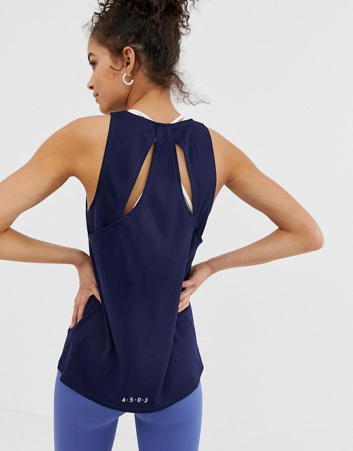 Asos 4505 Tank Top With Cross Back Detail In Recycled Polyester-navy
