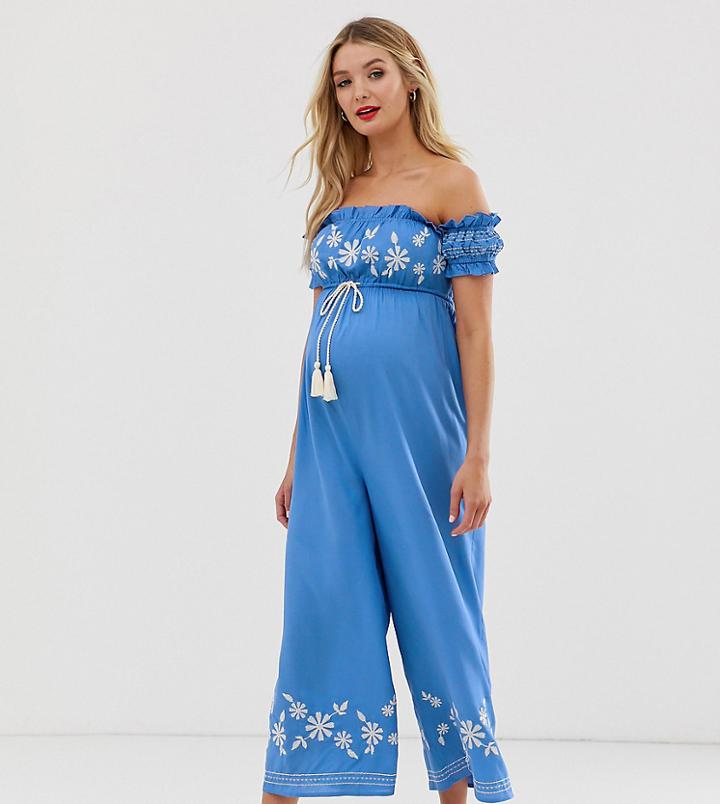 Asos Design Maternity Off Shoulder Embroidery Jumpsuit-orange