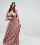 Asos Design Curve Bridesmaid Pleated Panelled Flutter Sleeve Maxi Dress With Lace Inserts - Pink