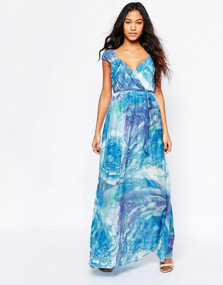 Traffic People Silk Blessings Maxi Dress In Watercolour Print - Blue