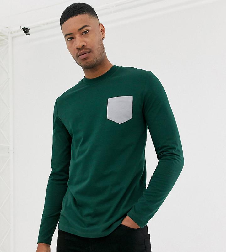Asos Design Tall Long Sleeve T-shirt With Contrast Pocket In Green - Green
