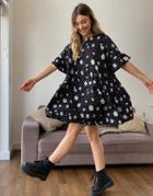 Asos Design Mini Smock Dress With Frill Sleeve In Black Floral Mix Print