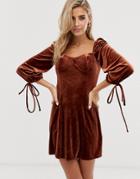Glamorous Structured Dress With Tie Sleeves In Velvet-brown