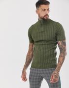 Asos Design Knitted Rib Half Zip T-shirt In Khaki-green