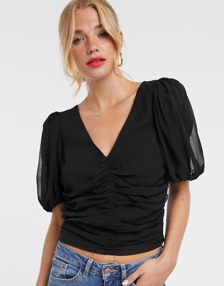 Asos Design Shirred Top With Volume Sleeves