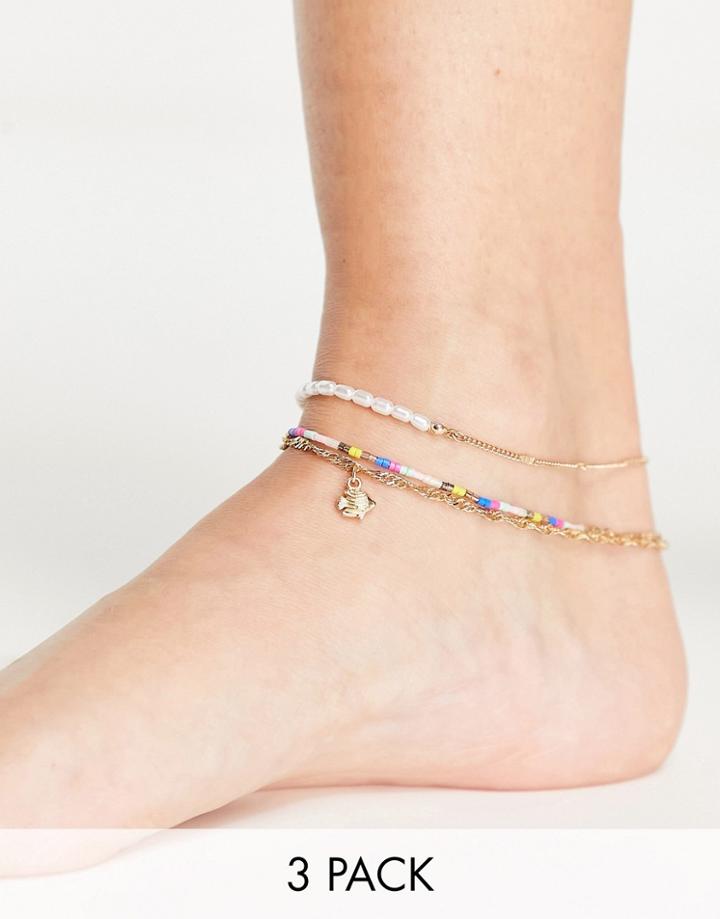 Topshop Pack Of 3 Bead And Faux Pearl Anklets In Gold