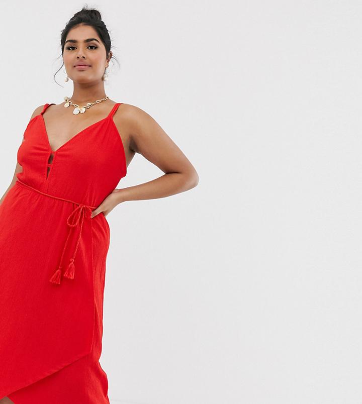 Asos Design Curve Midi Wrap Sundress With Tassel Belt - Red