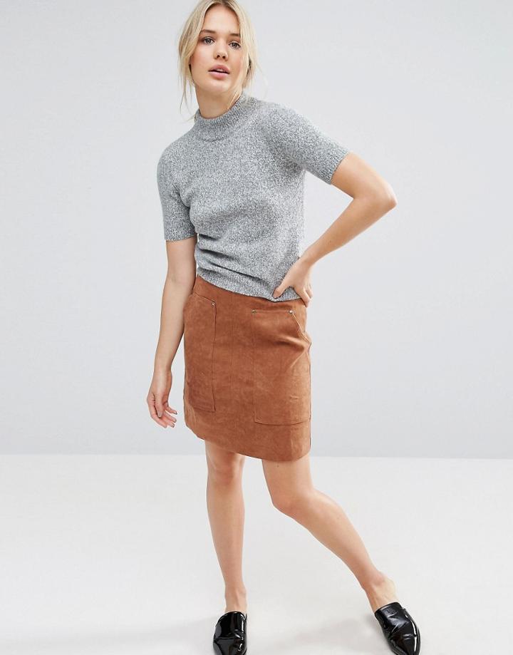 Neon Rose Faux Suede Skirt With Pocket - Tan