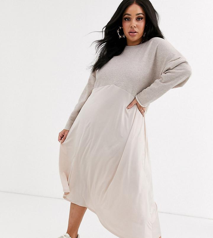Asos Design Curve Sweat Midi Dress With Slinky Hem-cream