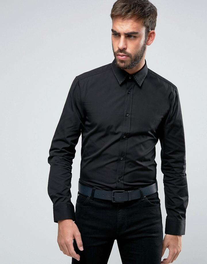 Hugo By Hugo Boss Elisha Stud Collar Shirt Slim Fit - Black