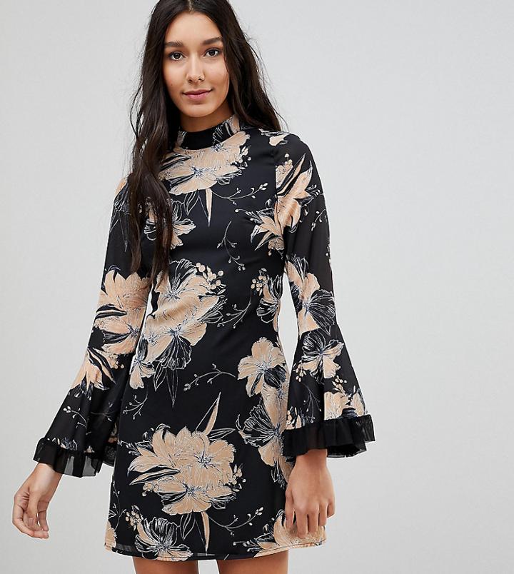 Parisan Tall High Neck Floral Dress With Flare Sleeve - Black