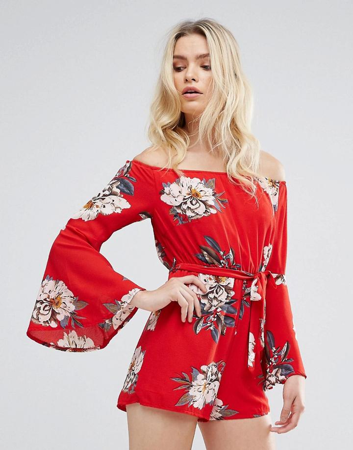 Parisian Off Shoulder Floral Print Romper - Red