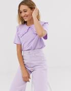 Monki Short Sleeve T-shirt With Oversized Collar In Lilac - Purple