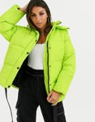 Asos Design Puffer Jacket With Trim Detail In Lime