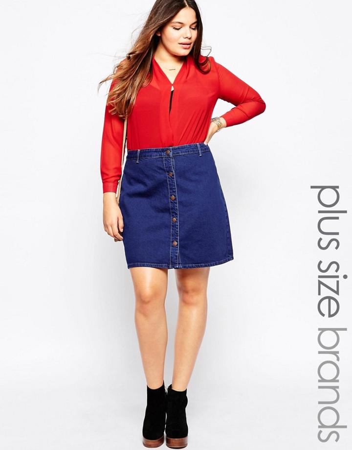 New Look Plus Abba Button Through Skirt - Blue