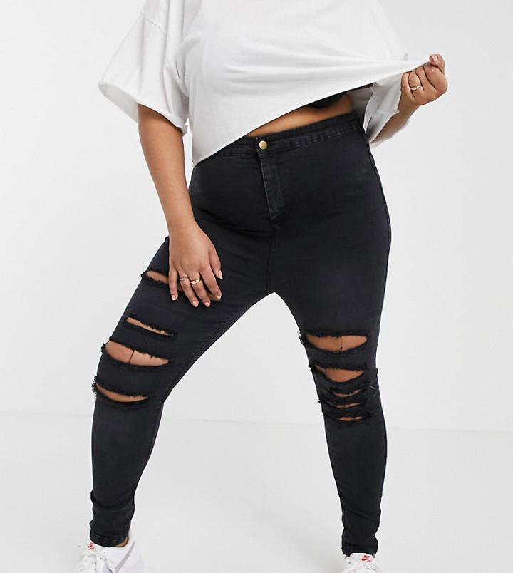 Yours High Waisted Ripped Skinny Jeans In Black