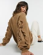 Selected Femme V-neck Sweater With Ruffle Sleeves In Brown