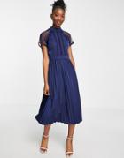 Liquorish A Line Lace Detail Midi Dress With Pleated Skirt In Navy