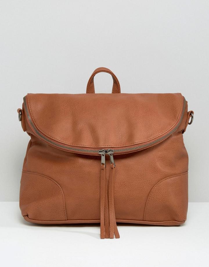 Pieces Foldover Half Moon Zip Backpack - Cognac
