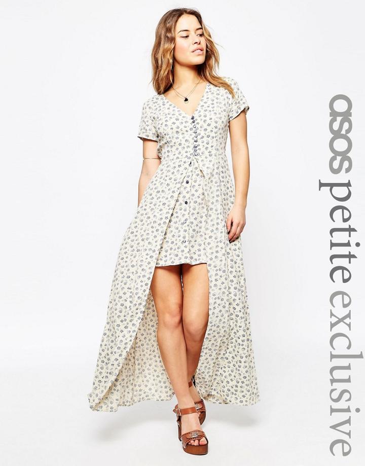 Asos Petite Maxi Dress In Blue Ditsy Print With Button Through Detail - Multi