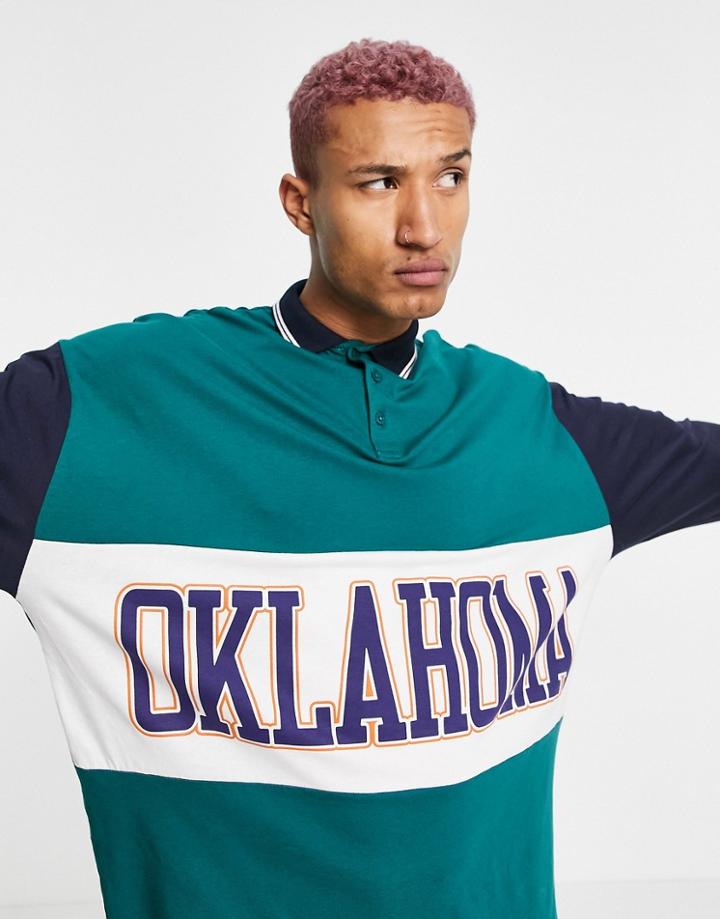 Asos Design Oversized Organic Long Sleeve Polo Shirt With Front City Print-multi