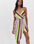 Asos Design Satin Drape Neck Midi Dress In Rainbow Stripe-multi