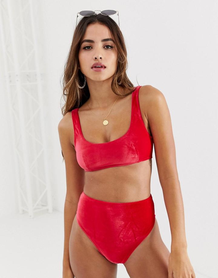 Asos Design Mix And Match Velvet High Leg High Waist Bikini Bottom - Red
