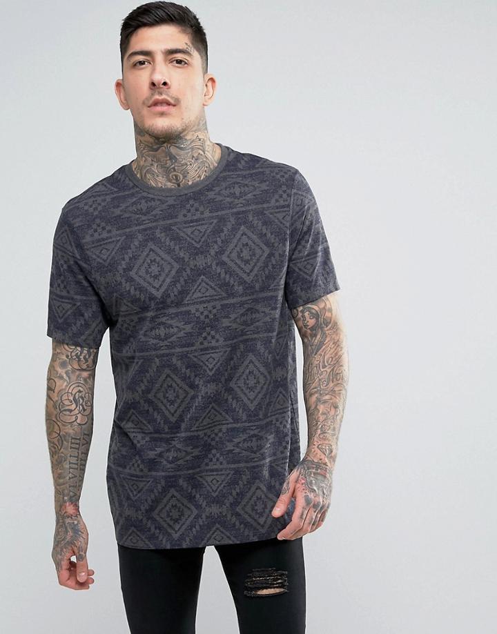 Asos Longline T-shirt With All Over Geo-tribal Print - Gray