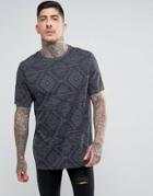 Asos Longline T-shirt With All Over Geo-tribal Print - Gray