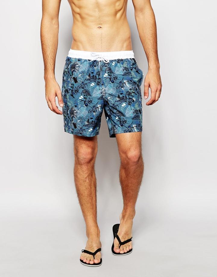 Asos Swim Shorts In Mid Length With Floral Print - Navy