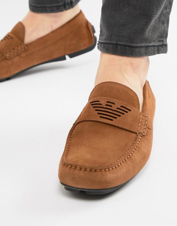 Emporio Armani Suede Logo Driving Shoes In Tan - Tan