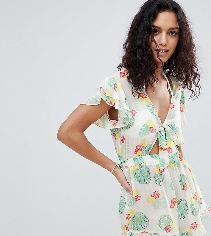 South Beach Lemon Print Tie Front Romper-multi