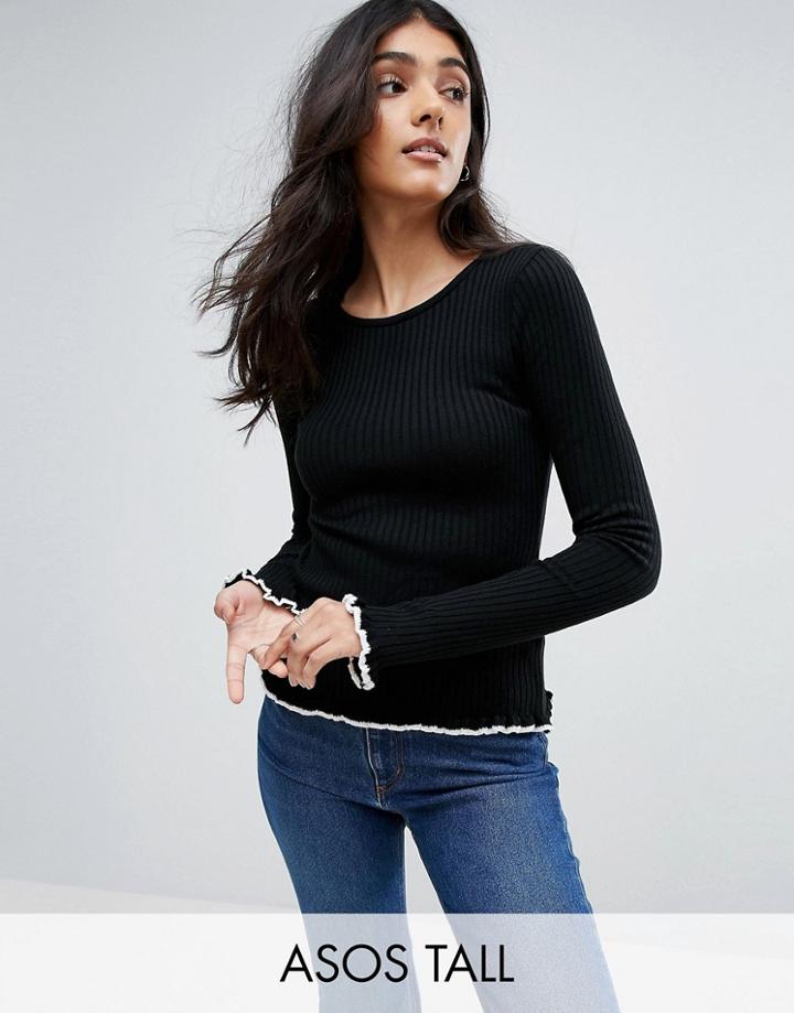 Asos Tall Sweater In Rib With Tipping And Ruffle - Black