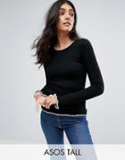 Asos Tall Sweater In Rib With Tipping And Ruffle - Black