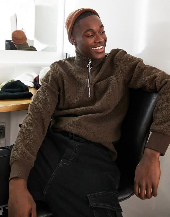 Jack & Jones Originals Quarter Zip Fleece In Brown