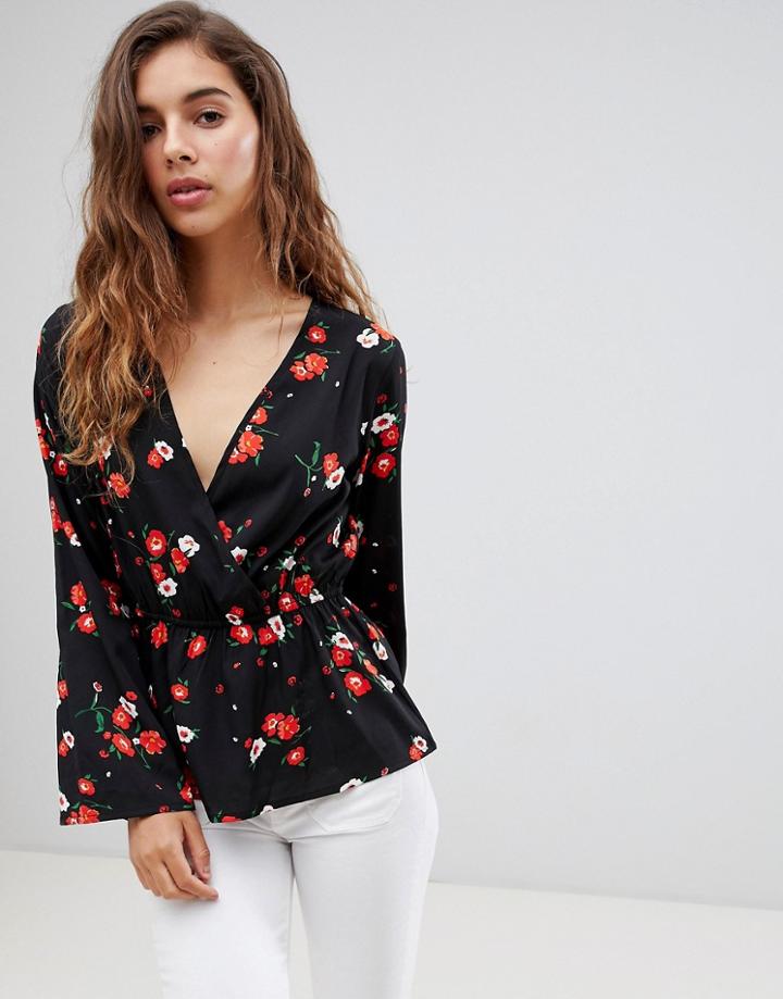 Influence Wrap Front Floral Blouse With Flared Sleeves - Black
